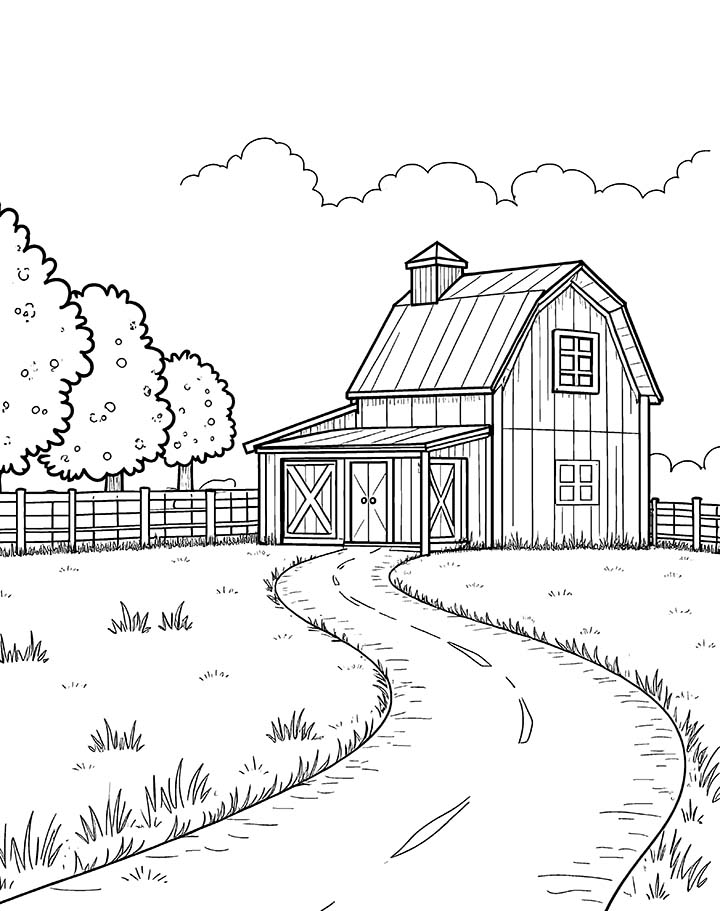 Farmhouse and barn coloring page